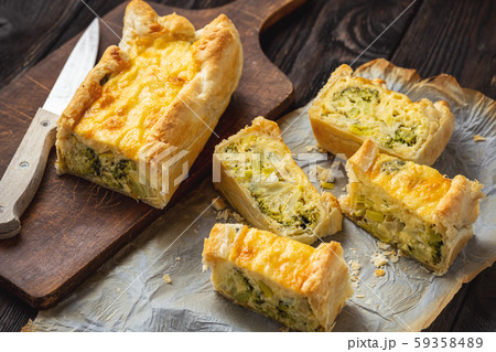 Broccoli, cheese and leek tart, vegetarian cuisine. Broccoli, cheese and leek tart, vegetarian cuisine. 59358489