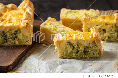 Broccoli, cheese and leek tart, vegetarian cuisine. Broccoli, cheese and leek tart, vegetarian cuisine. 59358491