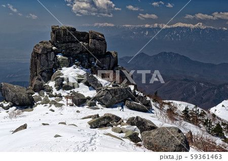 金峰山山頂を行く登山者と五丈石・南アルプスの眺め 金峰山山頂を行く登山者と五丈石・南アルプスの眺め 59361463