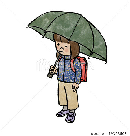 傘を忘れて大人用の地味な傘にがっかりの女の子のイラスト素材