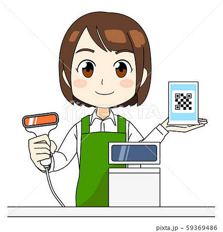 店員さん 緑エプロン バーコード決済 QRコード決済 にっこり 店員さん 緑エプロン バーコード決済 QRコード決済 にっこり 59369486