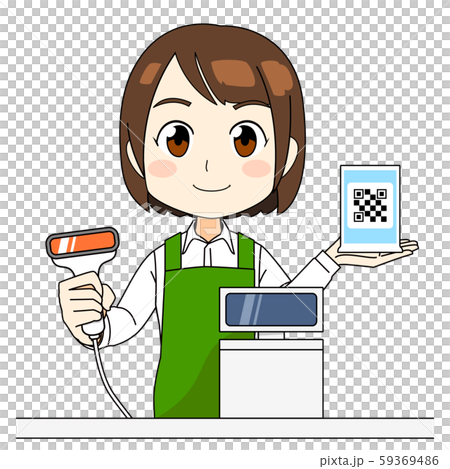 店員さん 緑エプロン バーコード決済 QRコード決済 にっこり 店員さん 緑エプロン バーコード決済 QRコード決済 にっこり 59369486