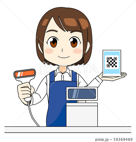 店員さん 青エプロン バーコード決済 QRコード決済 にっこり 59369489