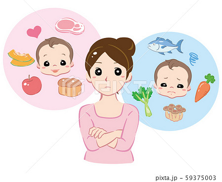 子供の食事を考えるママ 食材と赤ちゃんとママの素材のイラスト素材