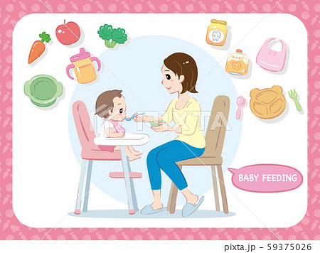 離乳食を赤ちゃんに食べさせるママ 食材 ベビーフードや関連用品の素材つきのイラスト素材