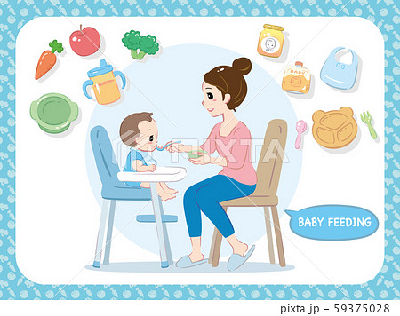 離乳食を赤ちゃんに食べさせるママ 食材 ベビーフードや関連用品の素材つきのイラスト素材