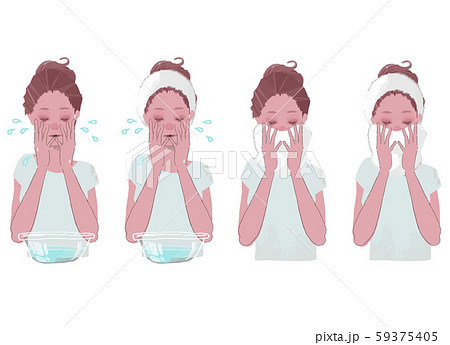 洗面器で顔を洗う タオルで顔を拭く 女性のイラストセットのイラスト素材