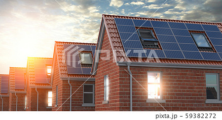 Row of house with solar panels on roof  on blue 59382272