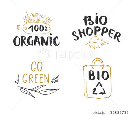 Eco and Bio Hand Drawn labels Set. Calligraphic Letterings with eco friendly sketch doodle elements. Vector illustration. 59382755