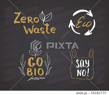 Eco and Bio Hand Drawn labels Set. Calligraphic Letterings with eco friendly sketch doodle elements. Vector illustration on chalkboard background. 59382775
