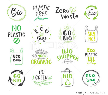 Eco and Bio Hand Drawn labels Set. Calligraphic Letterings with eco friendly sketch doodle elements. Vector illustration. 59382807