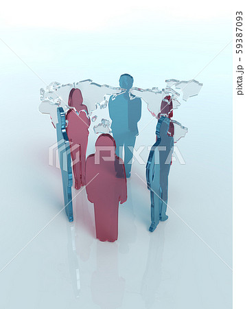 Cg 3d イラスト 立体 デザイン シルエット 世界地図を囲む6人の男女の輪のイラスト素材