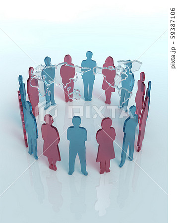 Cg 3d イラスト 立体 デザイン シルエット 世界地図を囲む16人の男女の輪のイラスト素材