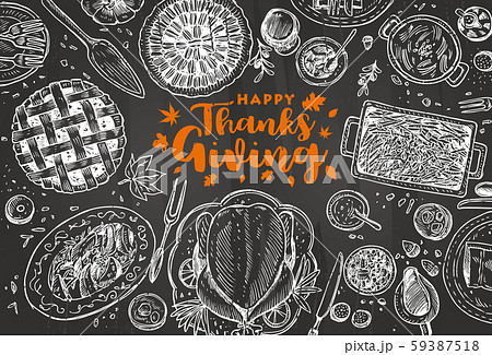 Hand drawn Thanksgiving dinner background, Vector Illustration 59387518
