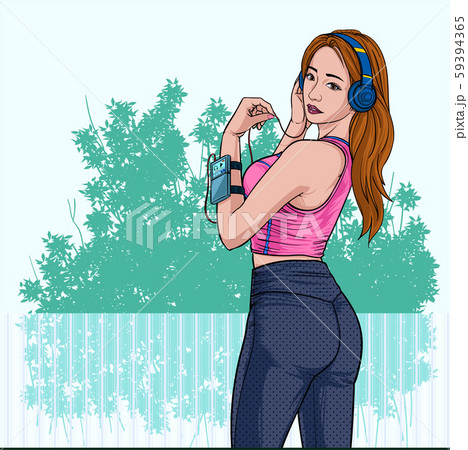 Beautiful women listen to music from headphones Happy from the music While exercising Illustration vector On pop art comics style Abstract dot colorful background 59394365