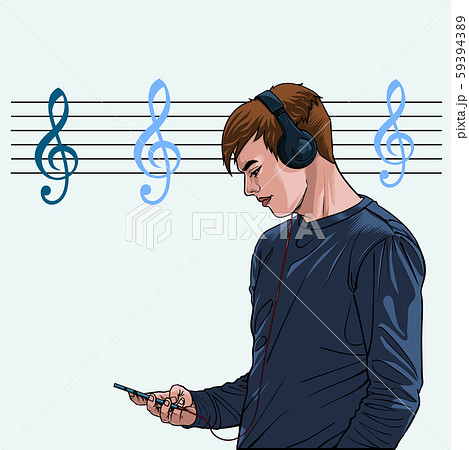 Men Listen To Music From Headphones With Mobile のイラスト素材