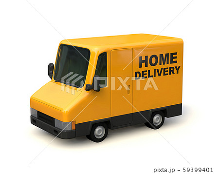 黄色の宅配車両 車体に”HOME DELIVERY”の文字。3Dイラスト 黄色の宅配車両 車体に”HOME DELIVERY”の文字。3Dイラスト 59399401