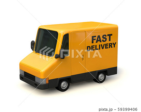 黄色の宅配車両 車体に”FAST DELIVERY”の文字。３Dイラスト 59399406