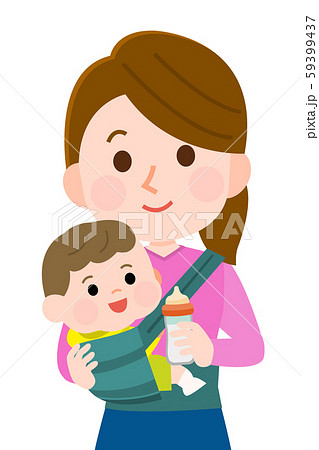 母親 赤ん坊 ミルクをあげる 笑顔 イラストのイラスト素材