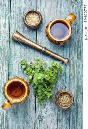 Fresh and dried oregano herb 59400777