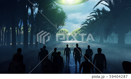 A crowd of people is on the call of aliens. People walk on the wet highway over which flies an alien A crowd of people is on the call of aliens. People walk on the wet highway over which flies an alien 59404287
