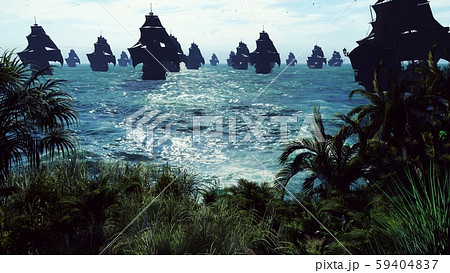 Medieval ships sail to a tropical island in the vast blue ocean. The concept of sea adventures in 59404837