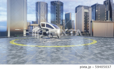 Pilotless passenger air taxi makes a departure for the call of the client. The concept of the future 59405037