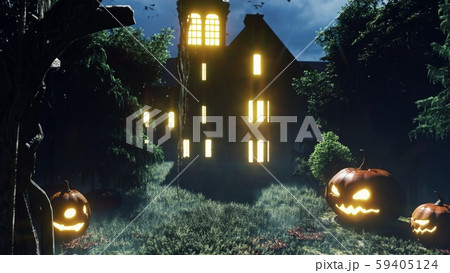An old abandoned horror house in the forest at night with ghosts and mystical fog. The glowing 59405124
