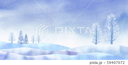 冬の晴れた日の幻想的な平原 水彩イラストのイラスト素材