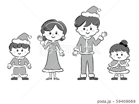 クリスマス モノクロ 白黒 サンタ服 サンタ帽子 サンタ帽 クリスマス家族 クリスマスファミリーのイラスト素材