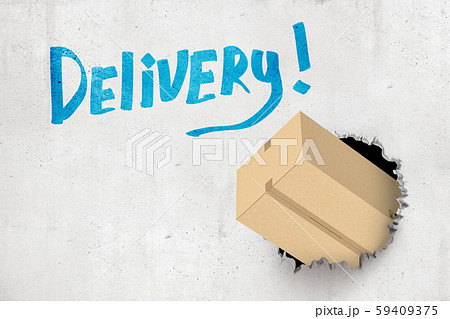 3d rendering of carton box breaking white wall with blue 'Delivery' sign on white background 59409375