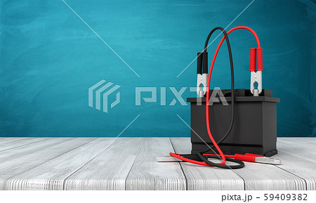 3d rendering of black car battery standing on wooden surface on blue wall background. 59409382
