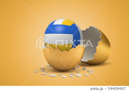 3d rendering of new yellow, blue and white volleyball that just hatched out from golden egg. 59409407