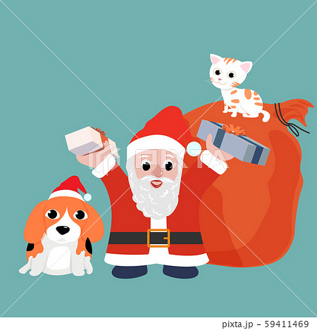 Santa claus with beagle dog wearing red hat and 59411469
