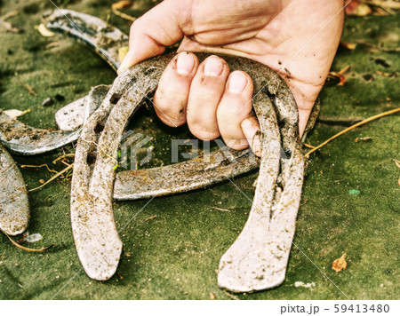 Woman hold wornout horsehoes just removed from Woman hold wornout horsehoes just removed from 59413480