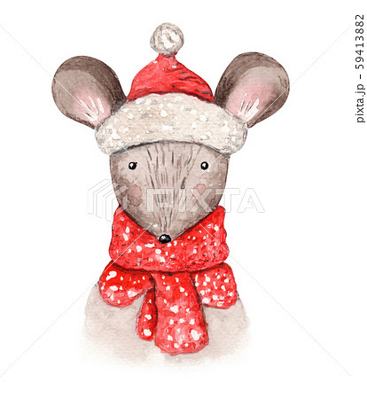 Watercolor mouse or rat illustration in a red scarf with nice winter new  year wreath. Cute