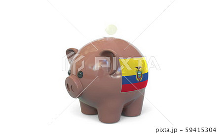 Putting money into piggy bank with flag of Ecuador. Tax system system or savings related conceptual Putting money into piggy bank with flag of Ecuador. Tax system system or savings related conceptual 59415304