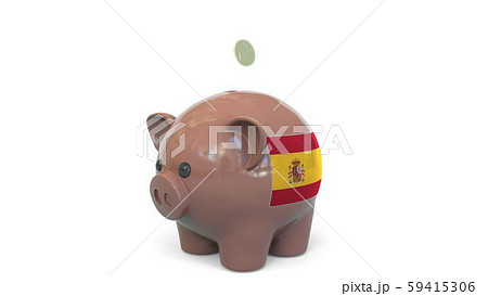 Putting money into piggy bank with flag of Spain. Tax system system or savings related conceptual 3D Putting money into piggy bank with flag of Spain. Tax system system or savings related conceptual 3D 59415306