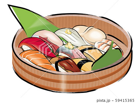 木の寿司桶に入った一人前のお寿司のイラストセット 筆書き マグロ サーモン ブリ イカ ホタテのイラスト素材