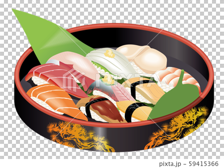 寿司桶に入った一人前のお寿司のイラストセット｜マグロ・サーモン・ブリ・イカ・ホタテ・玉子・イワシ 59415366