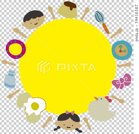 レトロ フレーム 円形 黄色 かわいい おやつ 雑貨 お菓子 スイーツ 男の子 女の子のイラスト素材