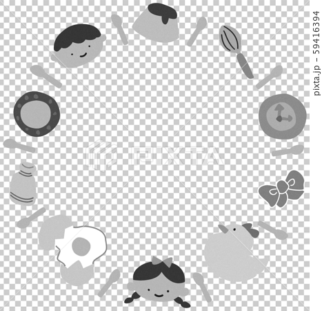 レトロ フレーム 円形 白黒 かわいい おやつ 雑貨 お菓子 スイーツ 男の子 女の子のイラスト素材