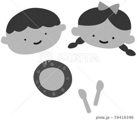 レトロ 子ども 白黒 お皿 スプーン 男の子 女の子 イラストのイラスト素材
