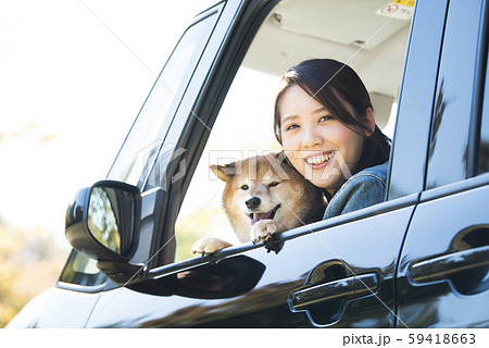 柴犬と女性　ドライブ 59418663