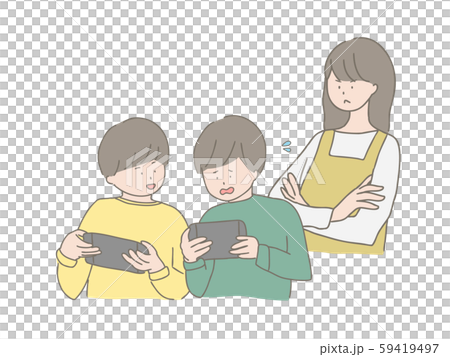 ゲームする子どもに注意する親のイラスト素材