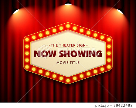 Cinema Movie Theater Retro Sign on red curtain with spotlight illuminated vector Illustration 59422498