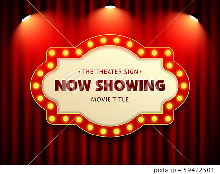 Cinema Movie Theater Retro Sign on red curtain with spotlight illuminated vector Illustration Cinema Movie Theater Retro Sign on red curtain with spotlight illuminated vector Illustration 59422501