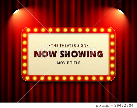 Cinema Movie Theater Retro Sign on red curtain with spotlight illuminated vector Illustration 59422504