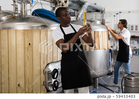 Serious man expert attentively checking quality of beer in flask Serious man expert attentively checking quality of beer in flask 59433403