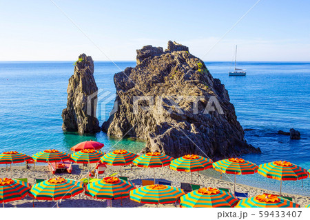 Panorama of Monterosso al Mare Beach, in summer season Panorama of Monterosso al Mare Beach, in summer season 59433407